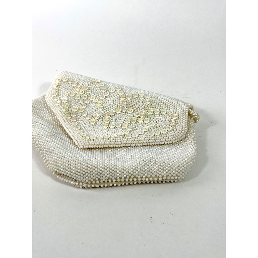 Vintage Ivory Seed Bead Sequin Clutch Wristlet Evening Bag Wedding Formal White